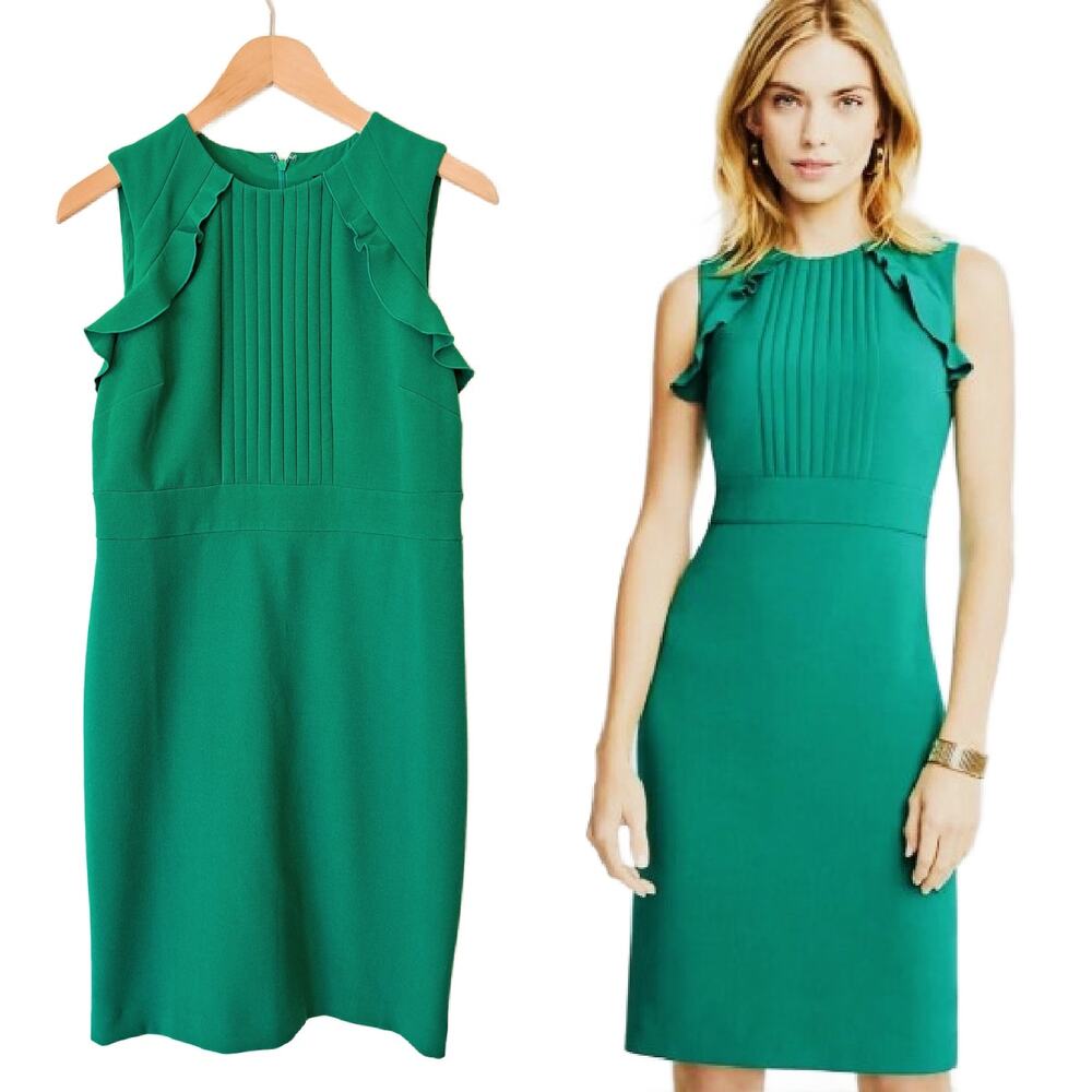 ANN TAYLOR Green Pleated Ruffle Sheath Dress Size 6 Sleeveless Dainty Office
